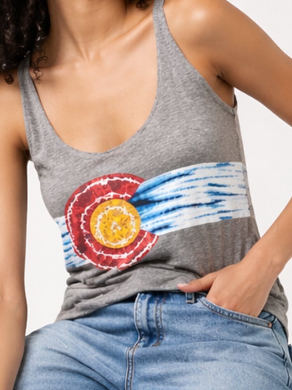 Colorado State Flag Tie Dye Distressed Racerback Tank Top Gray Small